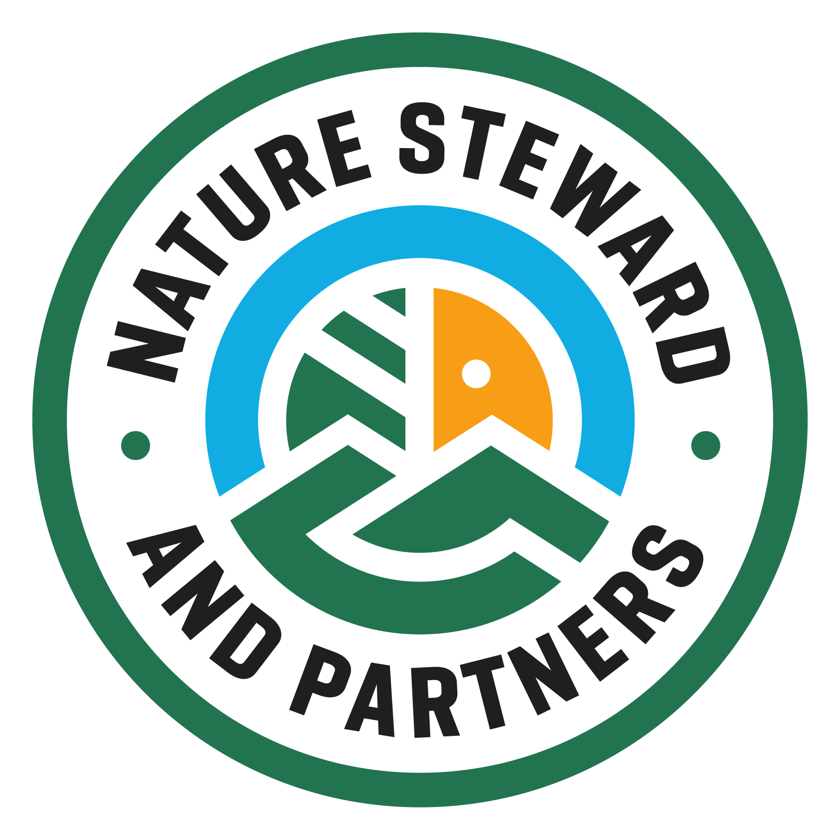 nature steward and partners logo showing an abstract icon of a handshake representing partners, a bird's head icon representing fauna conservation, a plant leaf representing flora conservation and a sky blue circular ribbon representing water bodies conservation